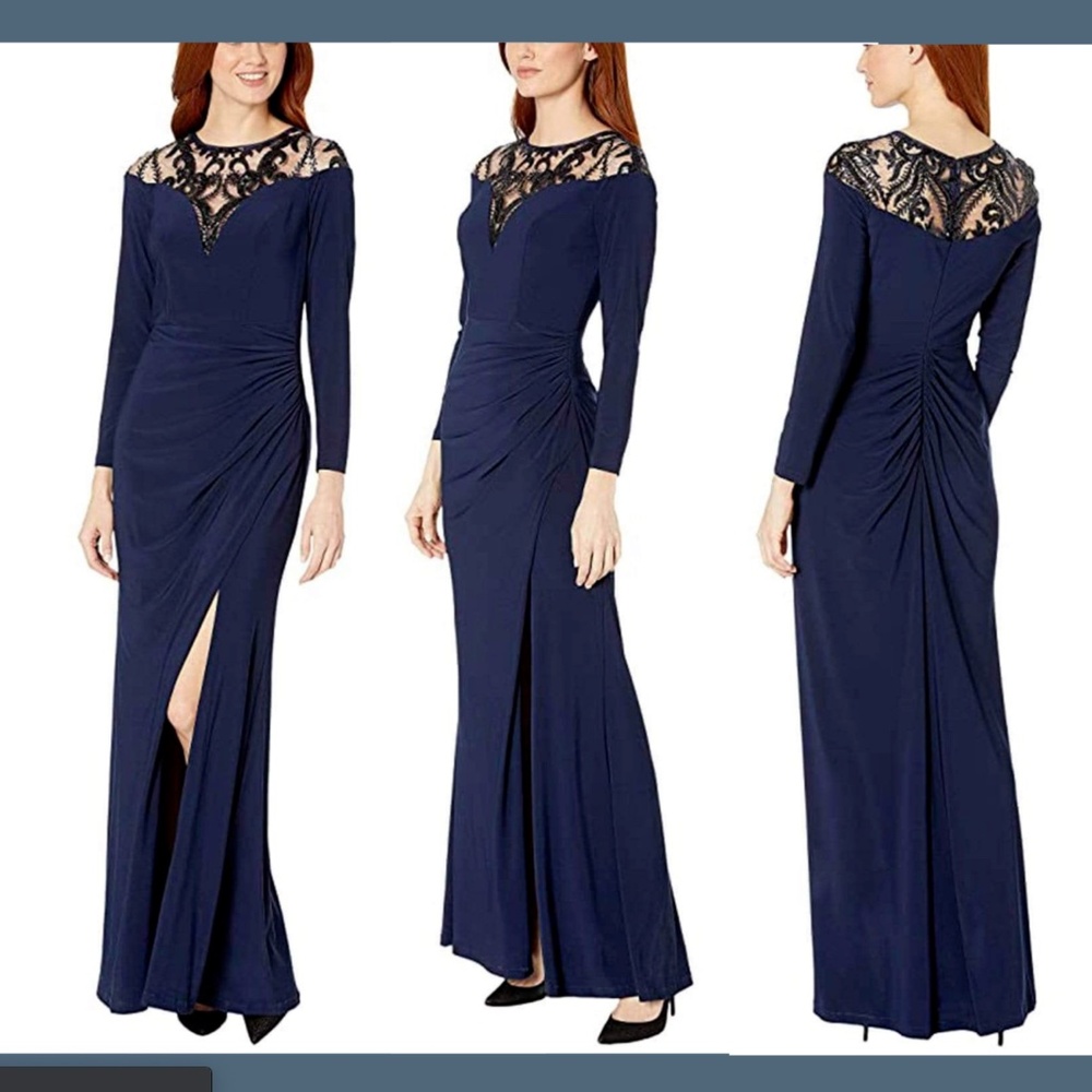 NEW Adrianna Papell Jersey Embellished Long Sleeve Gown Midnight‎ [SZ 10 ]